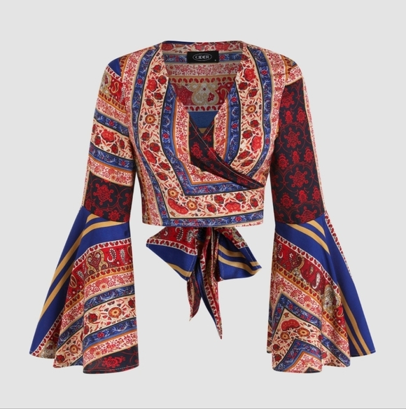 Cider Tops - Cider Blue and Orange Wrap Blouse with Bell Sleeves